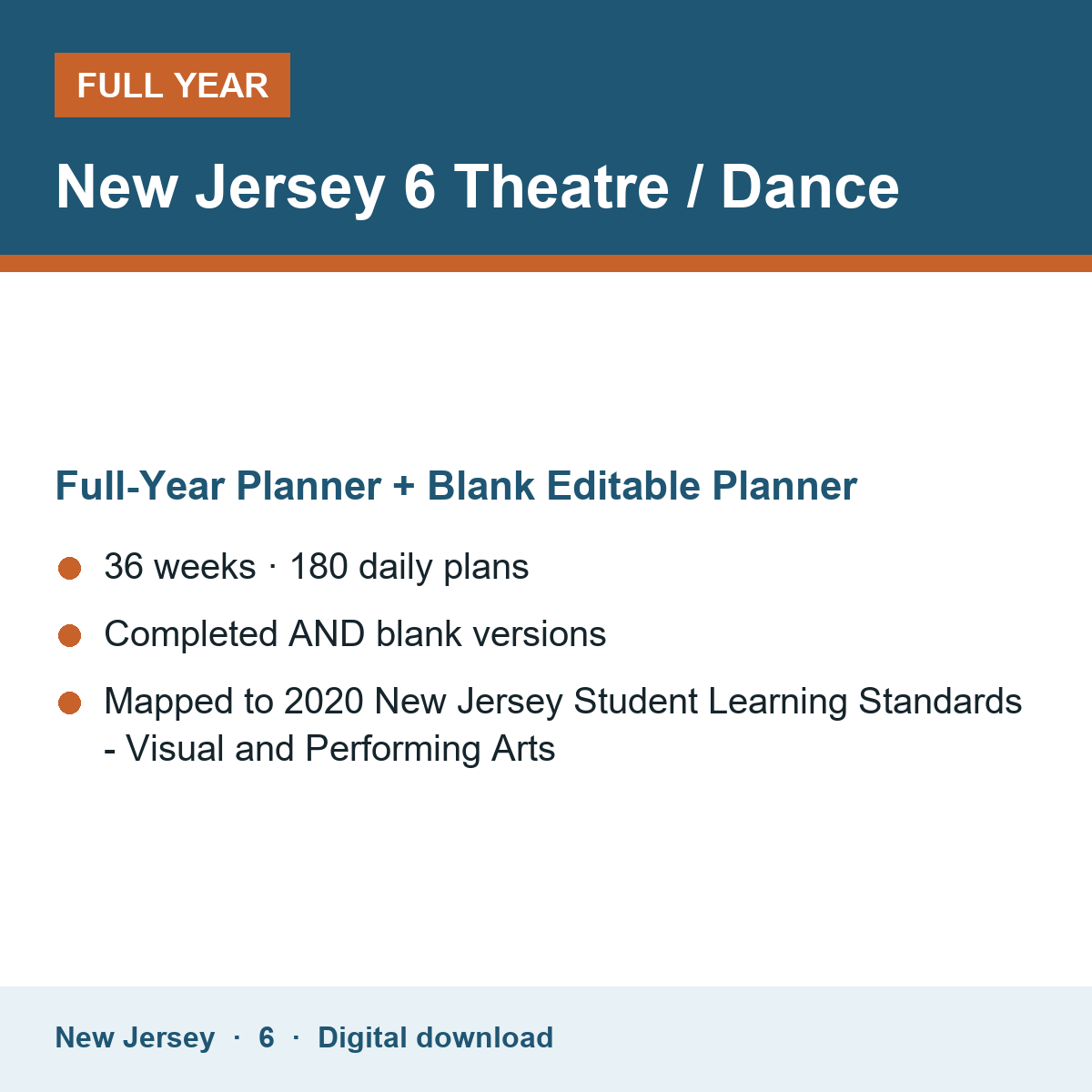 Cover of the New Jersey Grade 6 Theatre / Dance full-year teacher planner