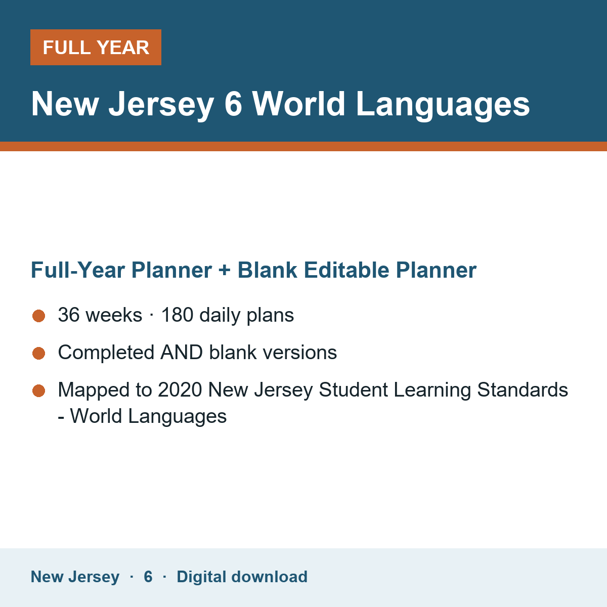 Cover of the New Jersey Grade 6 World Languages full-year teacher planner