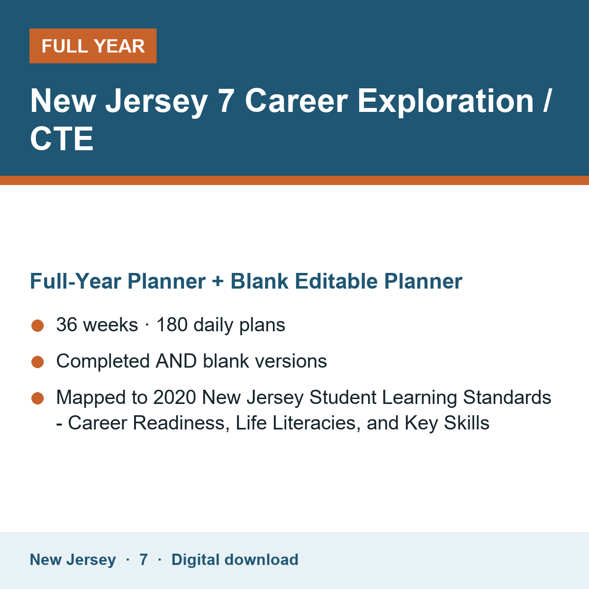 Cover of the New Jersey Grade 7 Career Exploration / CTE full-year teacher planner