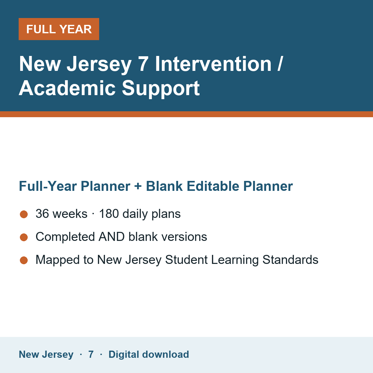 Cover of the New Jersey Grade 7 Intervention / Academic Support full-year teacher planner