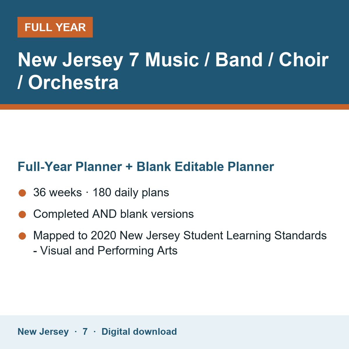 Cover of the New Jersey Grade 7 Music / Band / Choir / Orchestra full-year teacher planner