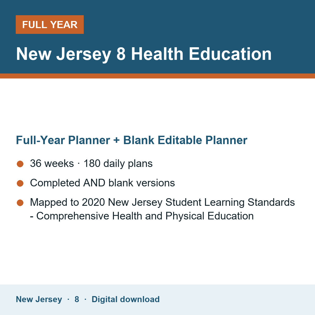 Cover of the New Jersey Grade 8 Health Education full-year teacher planner