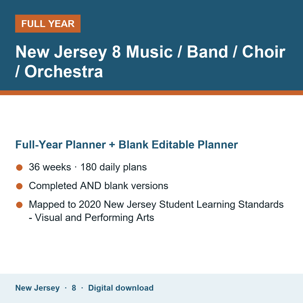 Cover of the New Jersey Grade 8 Music / Band / Choir / Orchestra full-year teacher planner