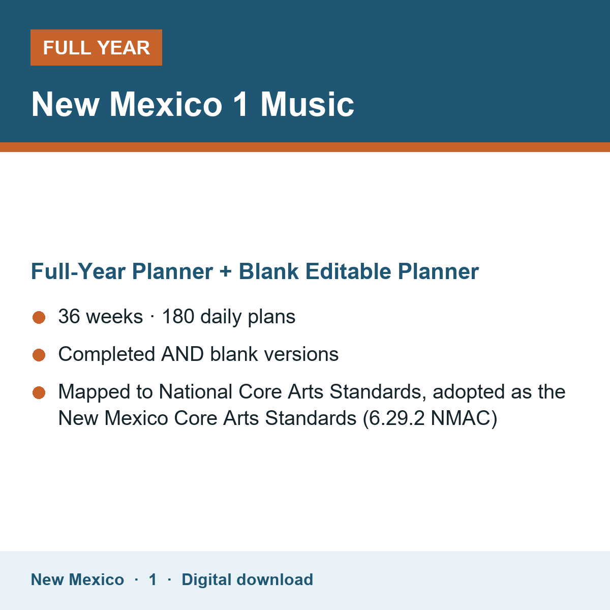 Cover of the New Mexico Grade 1 Music full-year teacher planner