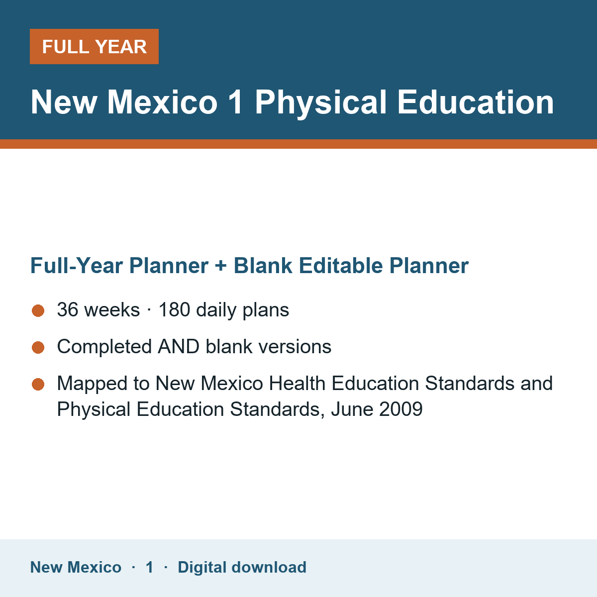 Cover of the New Mexico Grade 1 Physical Education full-year teacher planner