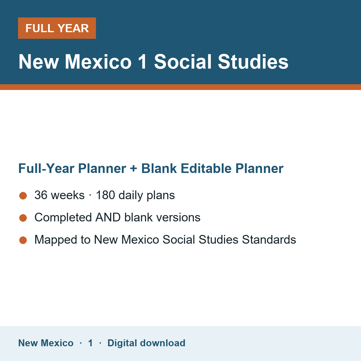 Cover of the New Mexico Grade 1 Social Studies full-year teacher planner