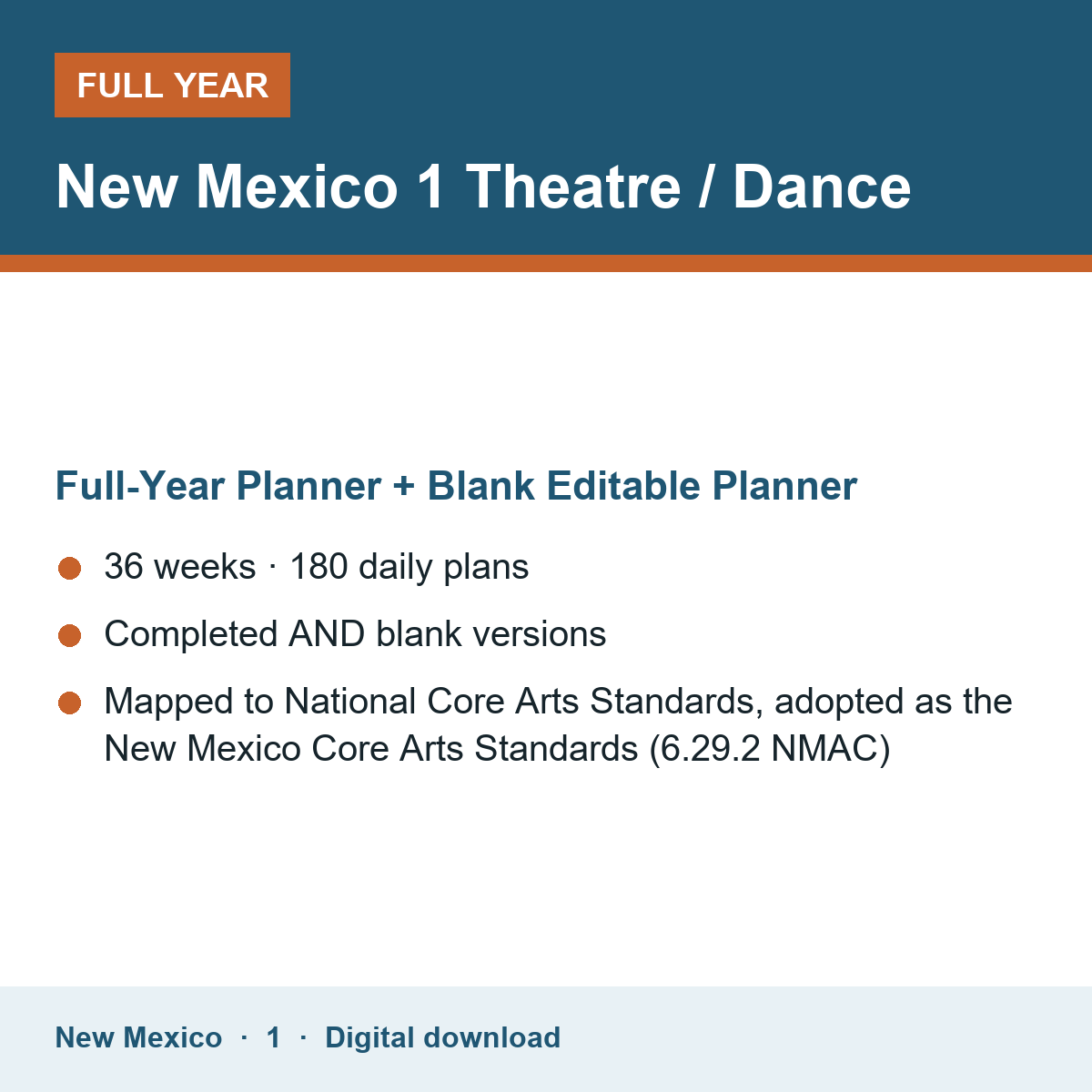 Cover of the New Mexico Grade 1 Theatre / Dance full-year teacher planner