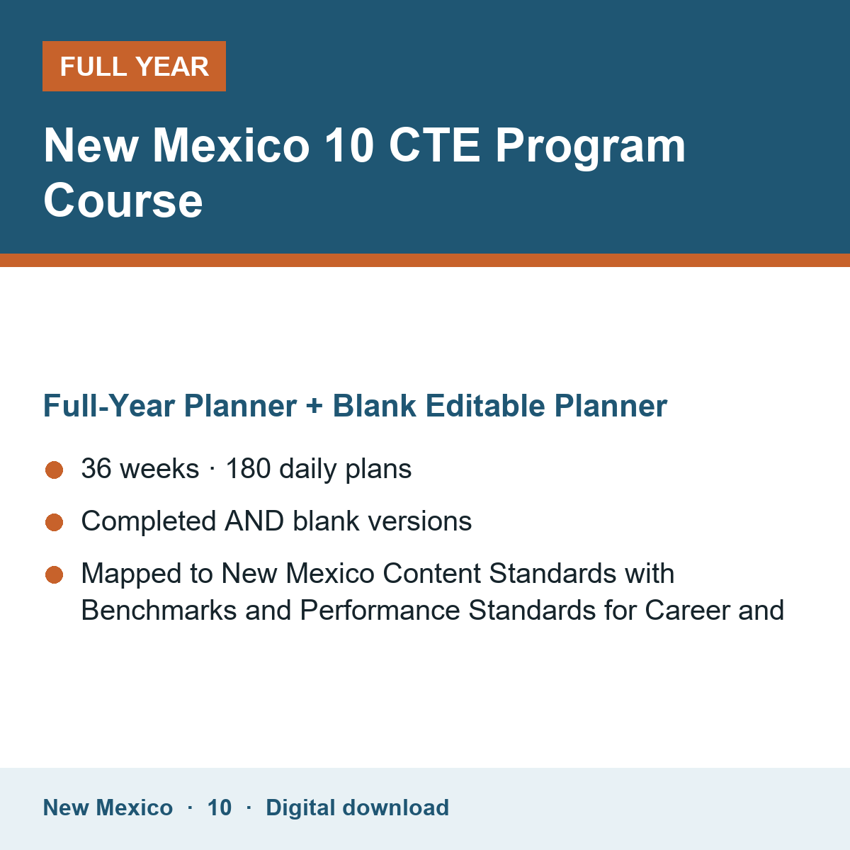 Cover of the New Mexico Grade 10 CTE Program Course full-year teacher planner