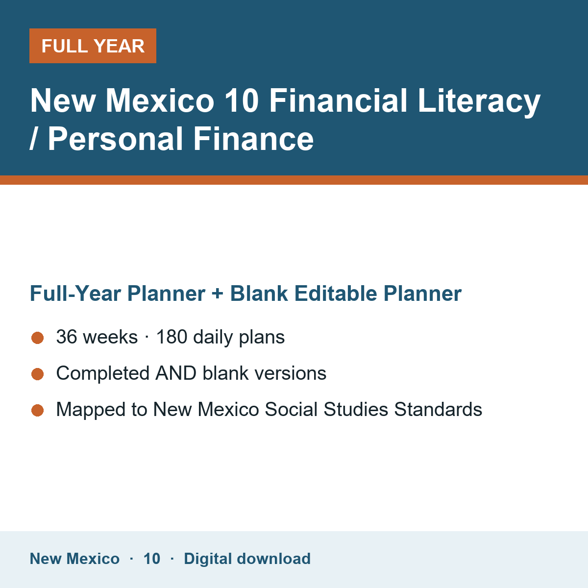 Cover of the New Mexico Grade 10 Financial Literacy / Personal Finance full-year teacher planner