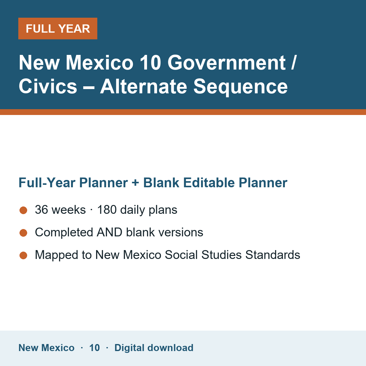 Cover of the New Mexico Grade 10 Government / Civics – Alternate Sequence full-year teacher planner