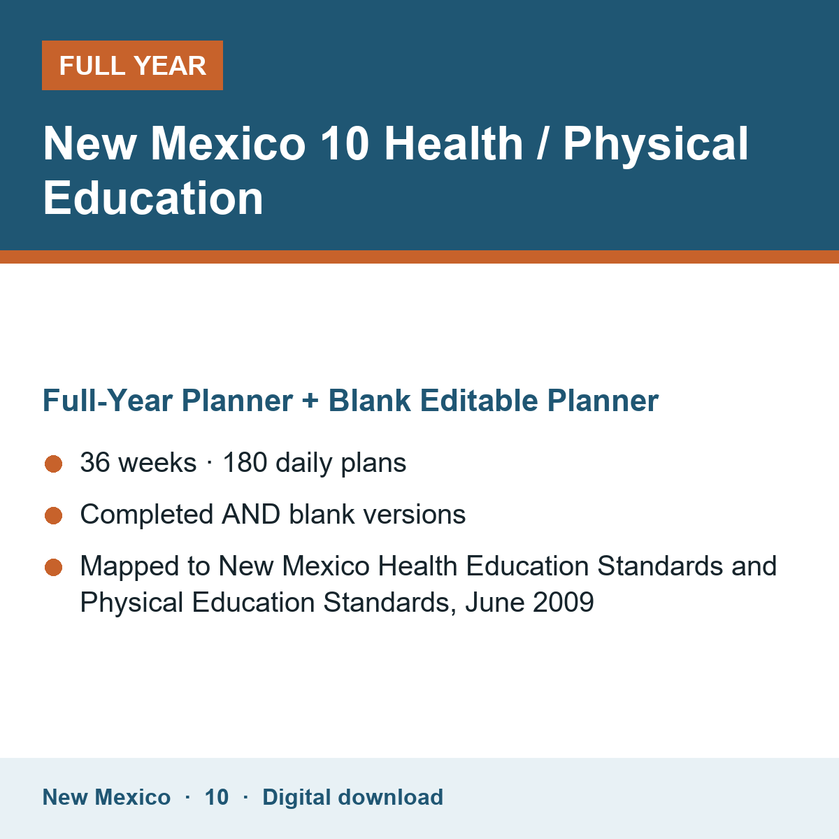 Cover of the New Mexico Grade 10 Health / Physical Education full-year teacher planner