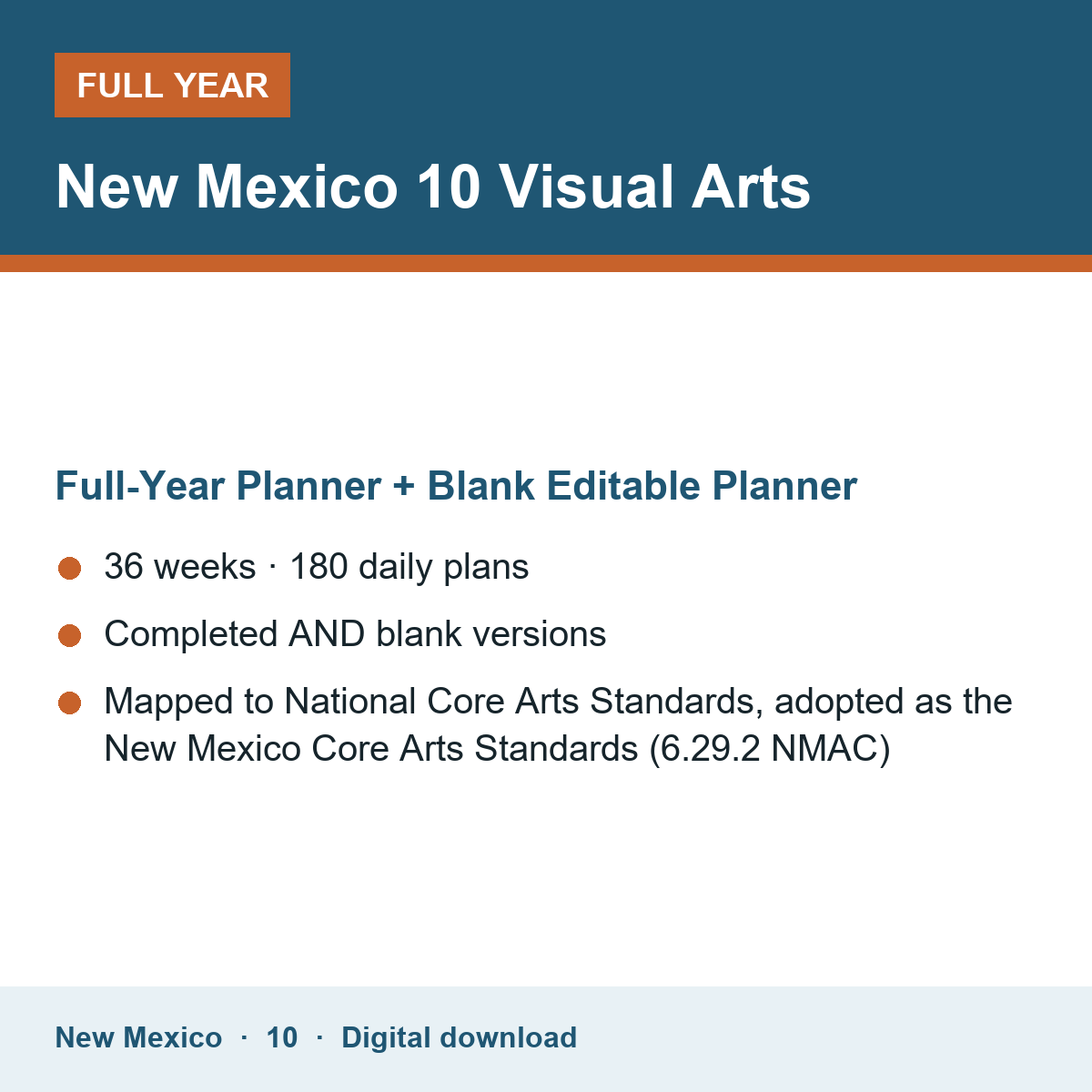 Cover of the New Mexico Grade 10 Visual Arts full-year teacher planner