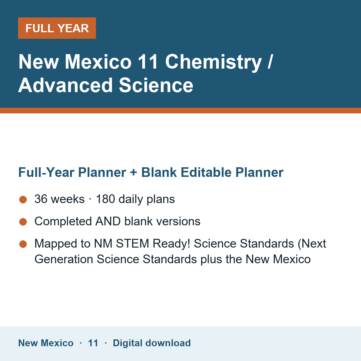 Cover of the New Mexico Grade 11 Chemistry / Advanced Science full-year teacher planner