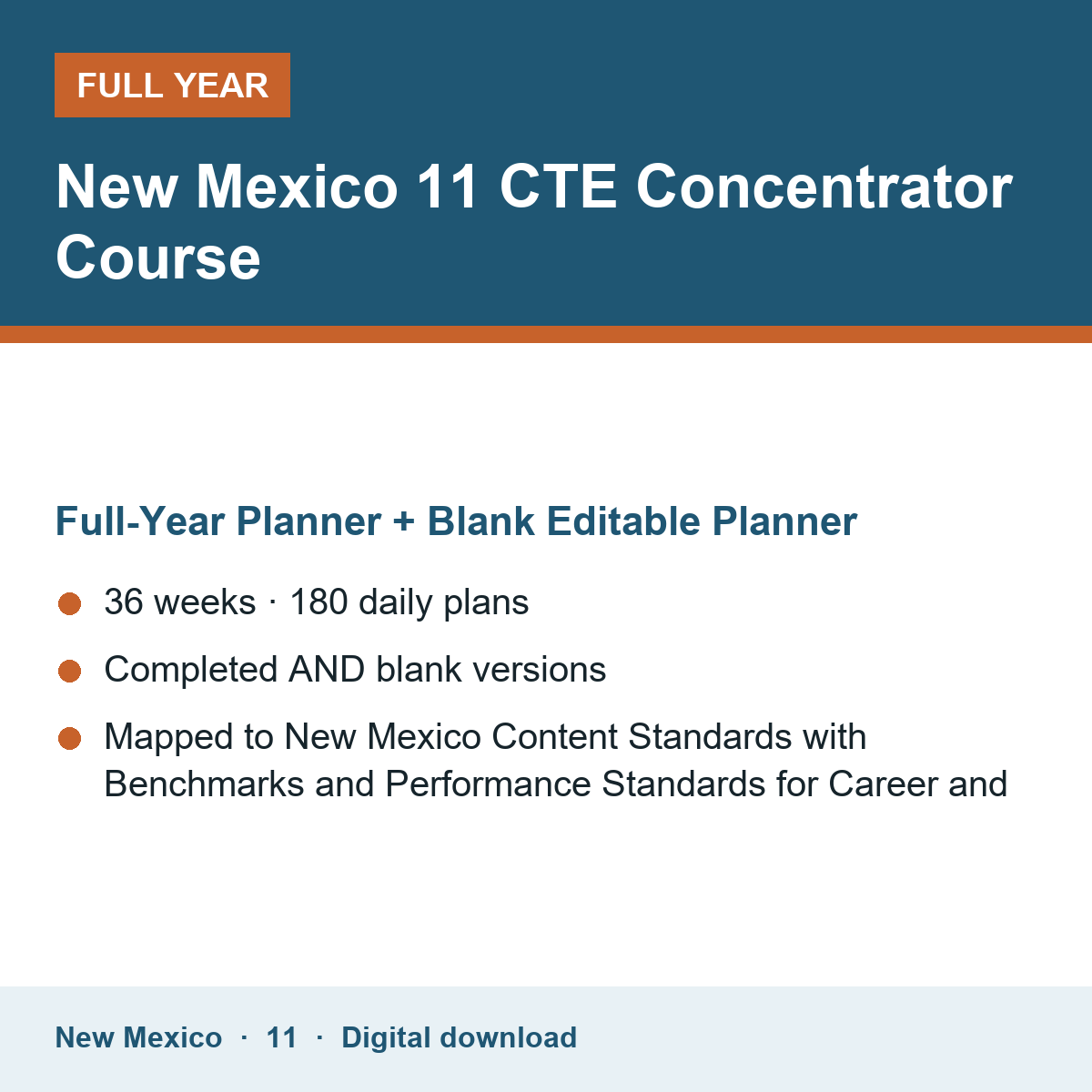 Cover of the New Mexico Grade 11 CTE Concentrator Course full-year teacher planner