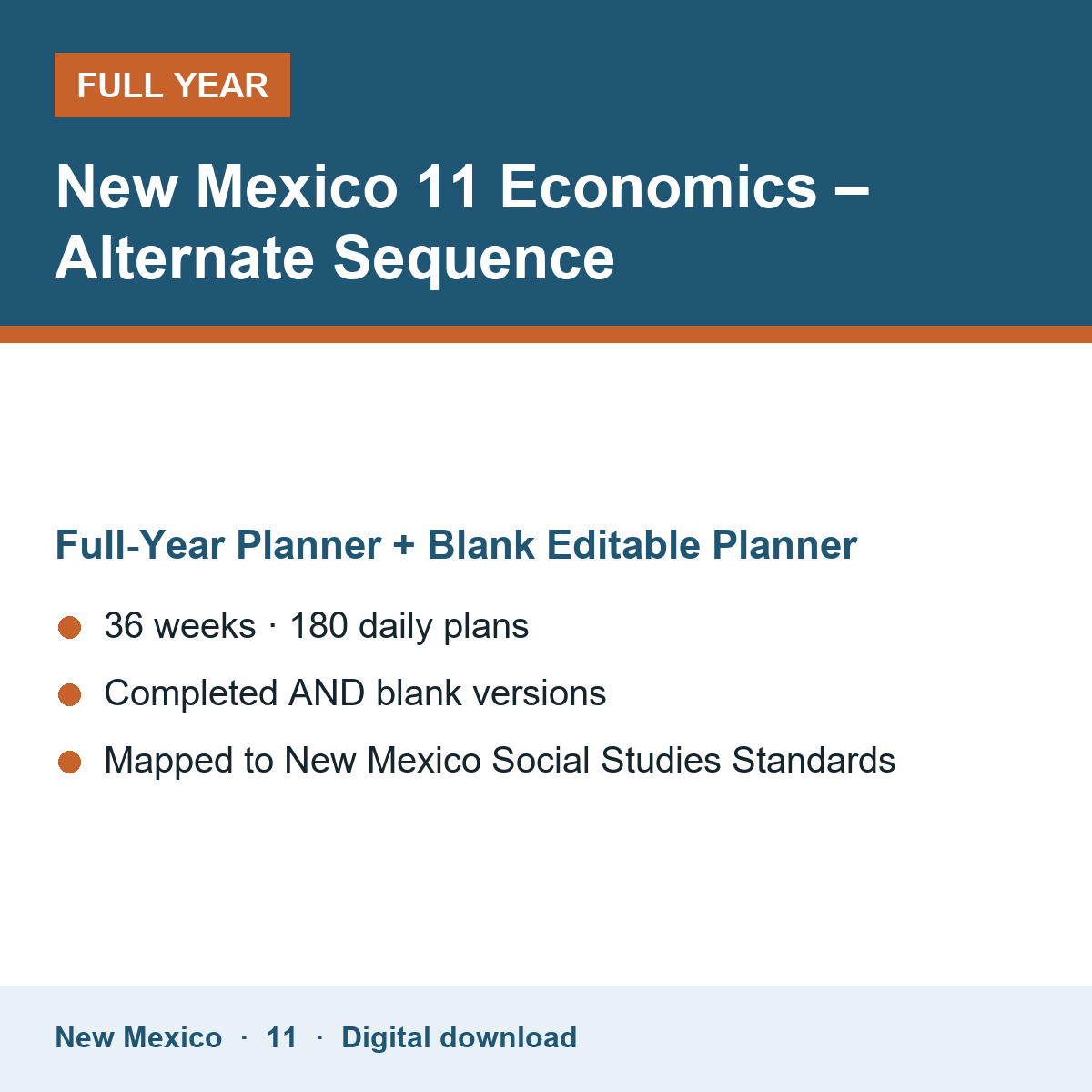 Cover of the New Mexico Grade 11 Economics – Alternate Sequence full-year teacher planner