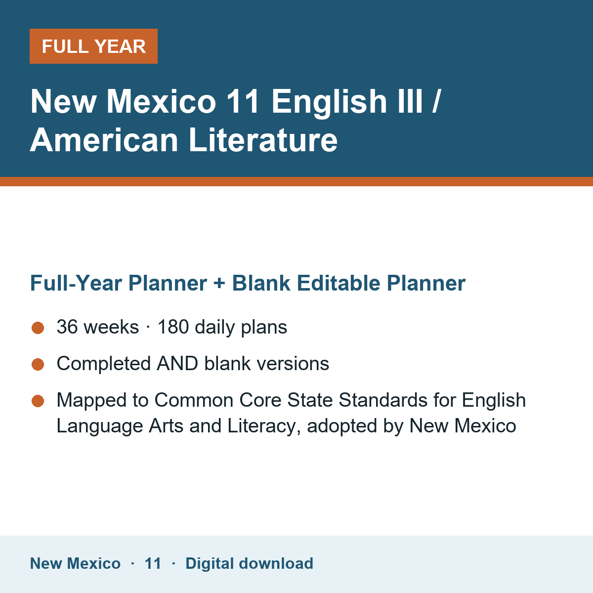 Cover of the New Mexico Grade 11 English III / American Literature full-year teacher planner