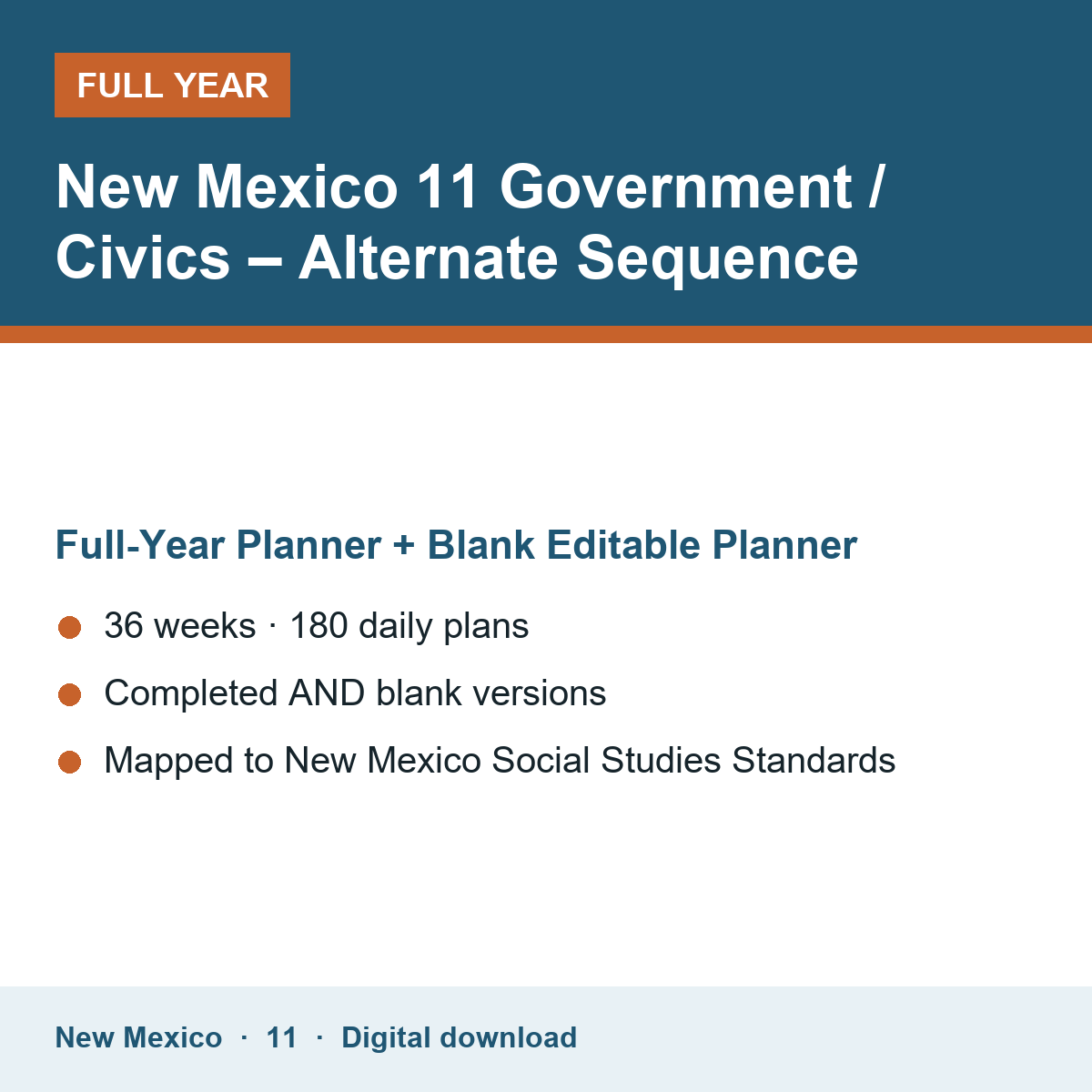 Cover of the New Mexico Grade 11 Government / Civics – Alternate Sequence full-year teacher planner