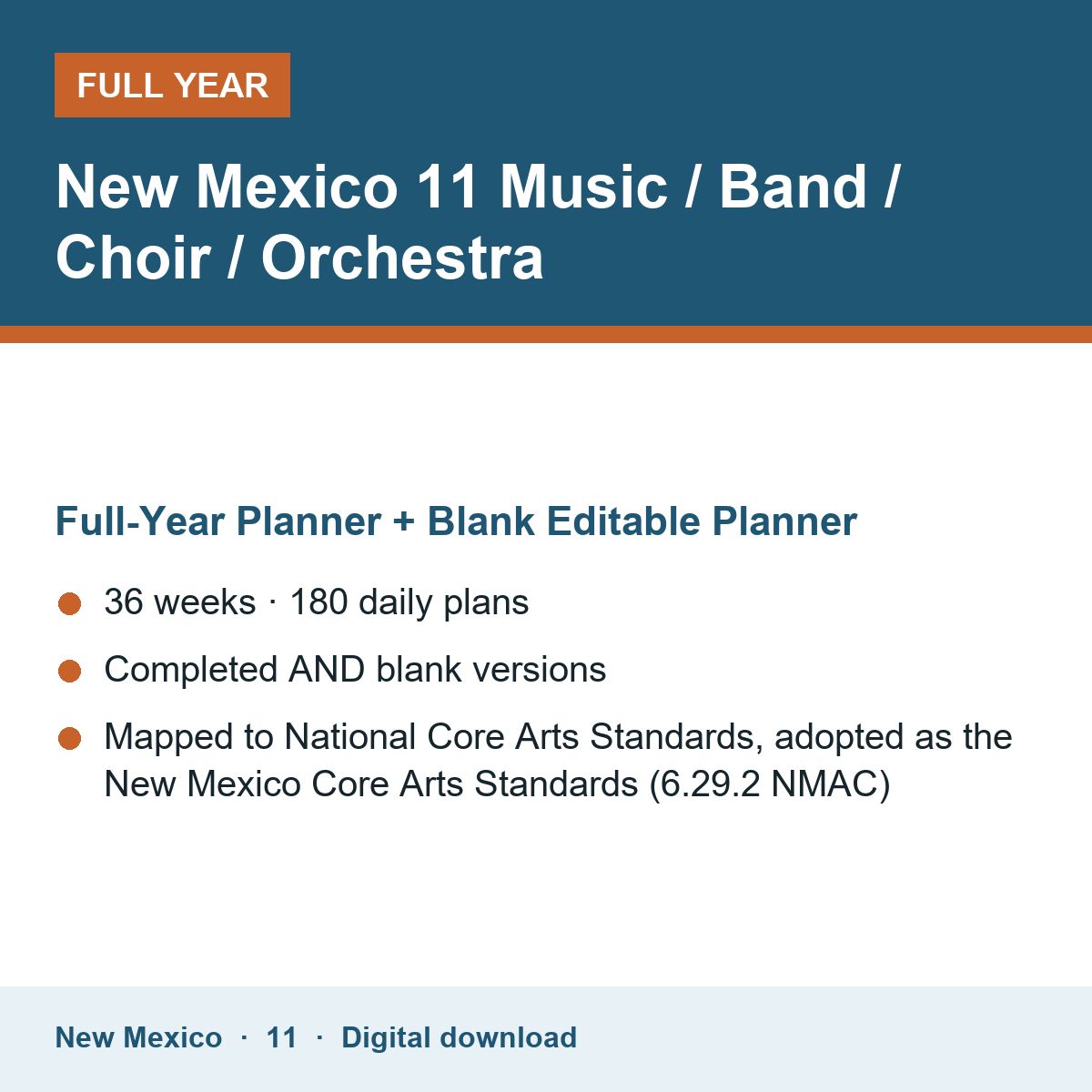 Cover of the New Mexico Grade 11 Music / Band / Choir / Orchestra full-year teacher planner