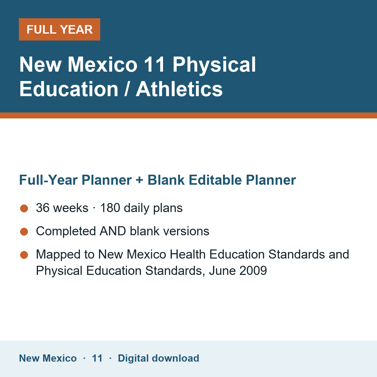 Cover of the New Mexico Grade 11 Physical Education / Athletics full-year teacher planner