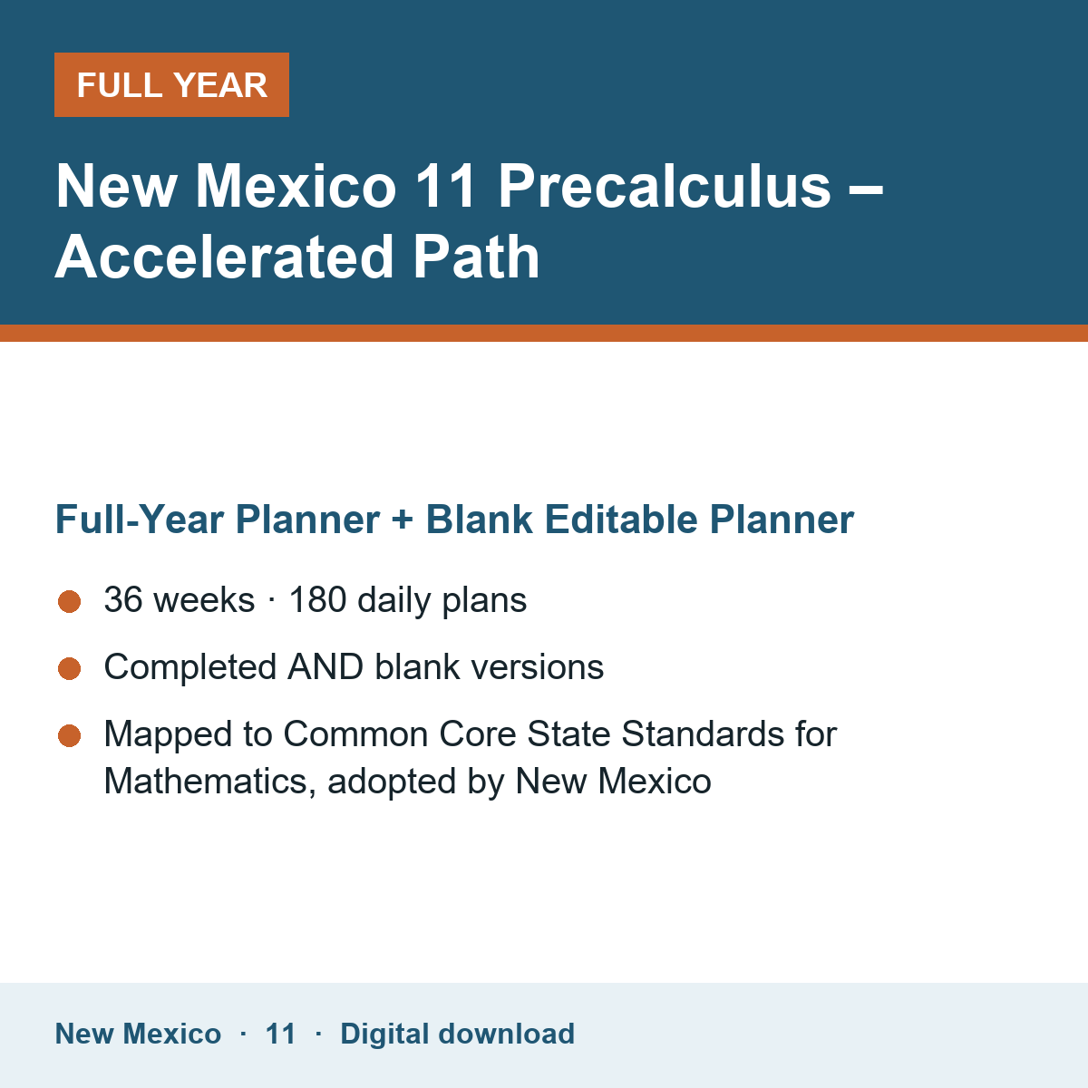 Cover of the New Mexico Grade 11 Precalculus – Accelerated Path full-year teacher planner