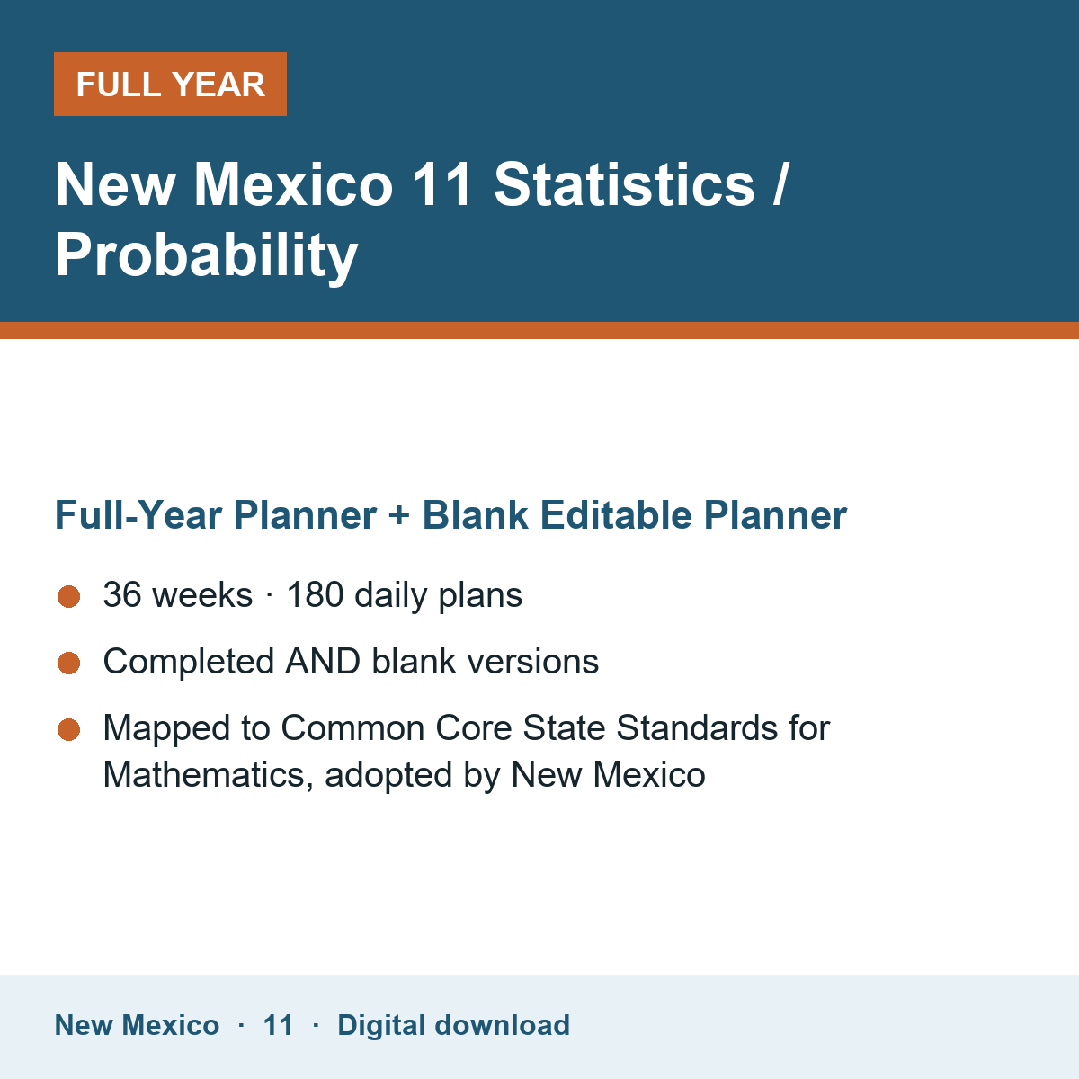 Cover of the New Mexico Grade 11 Statistics / Probability full-year teacher planner