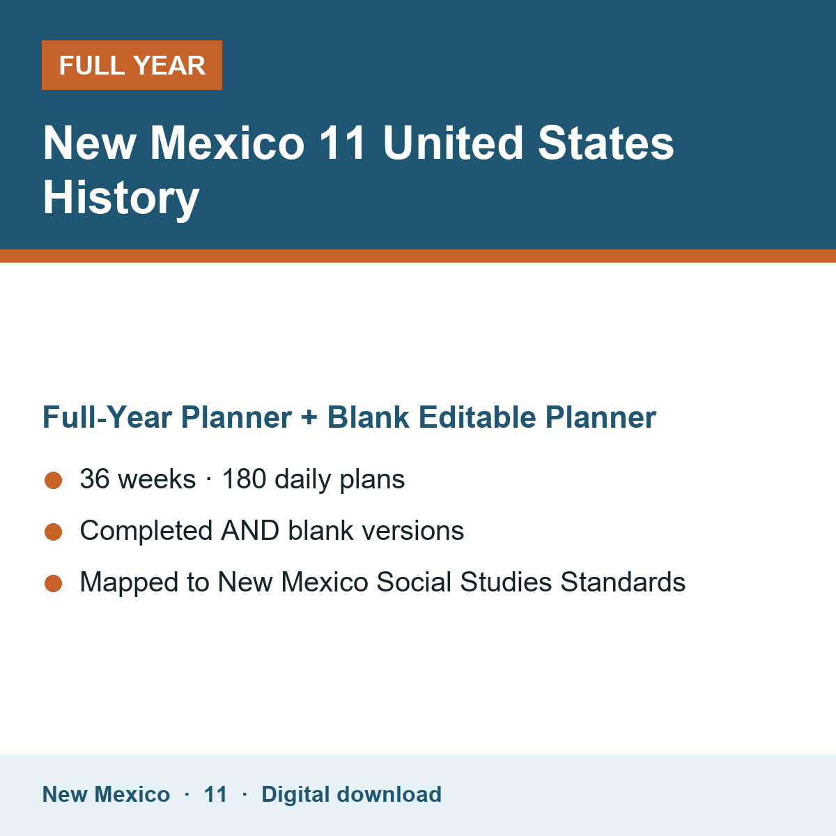 Cover of the New Mexico Grade 11 United States History full-year teacher planner