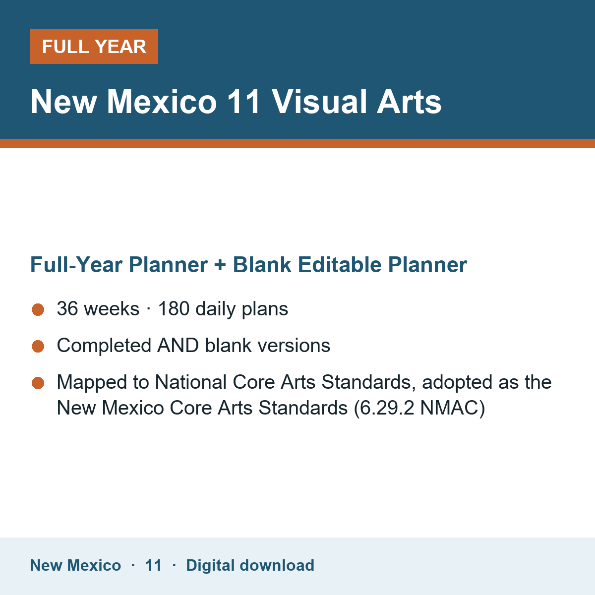 Cover of the New Mexico Grade 11 Visual Arts full-year teacher planner