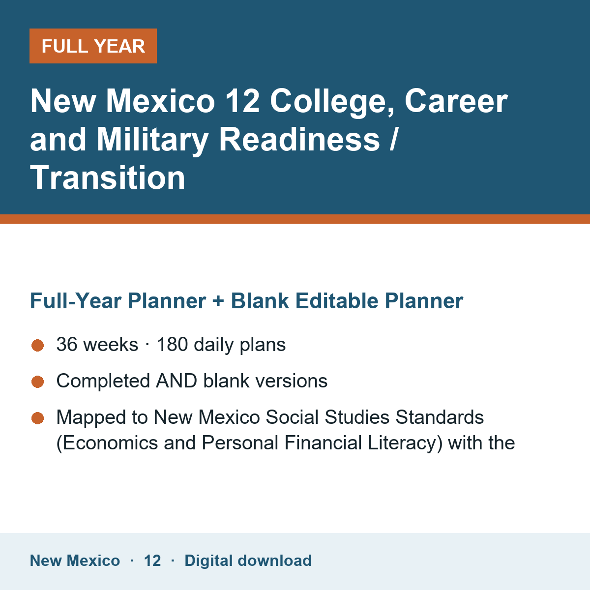Cover of the New Mexico Grade 12 College, Career and Military Readiness / Transition full-year teacher planner