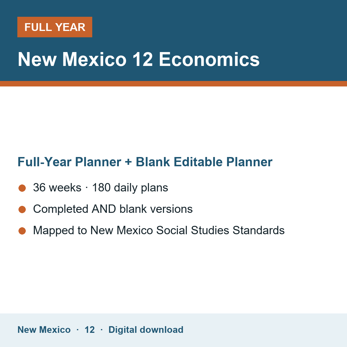 Cover of the New Mexico Grade 12 Economics full-year teacher planner