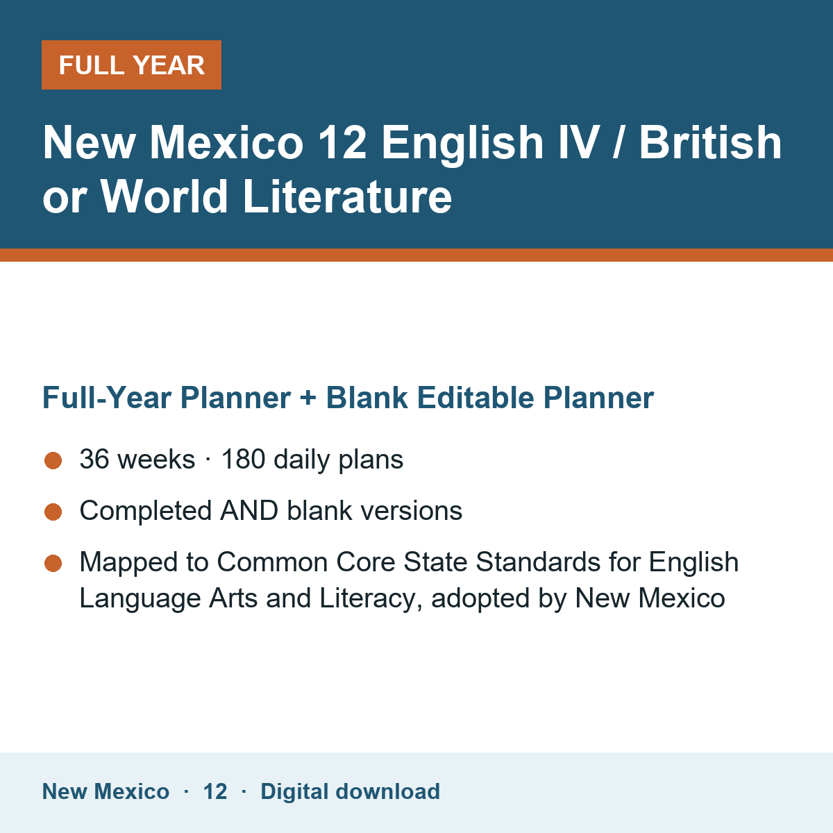 Cover of the New Mexico Grade 12 English IV / British or World Literature full-year teacher planner