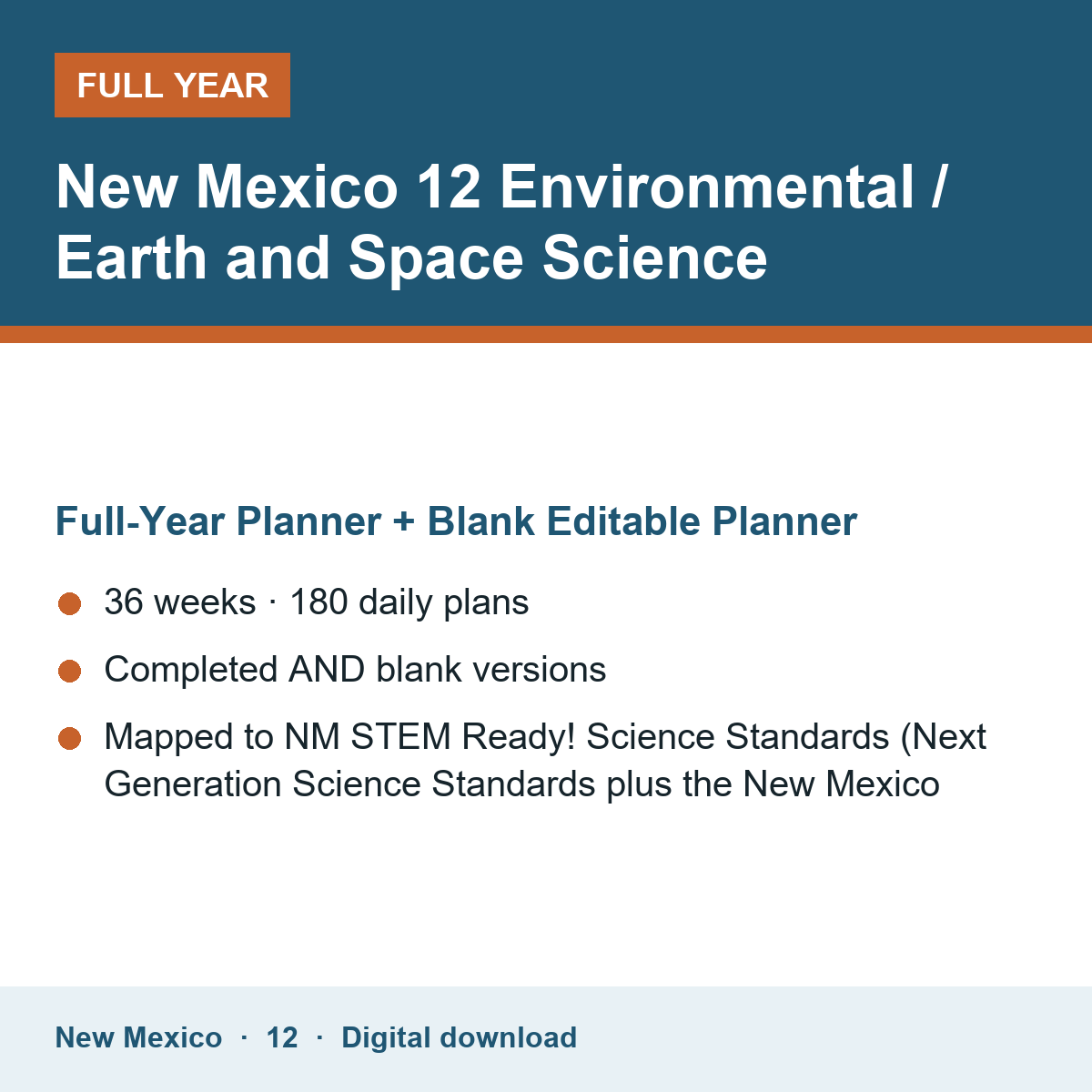 Cover of the New Mexico Grade 12 Environmental / Earth and Space Science full-year teacher planner