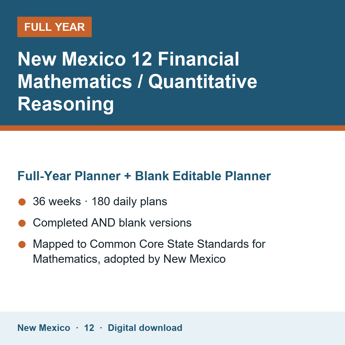 Cover of the New Mexico Grade 12 Financial Mathematics / Quantitative Reasoning full-year teacher planner
