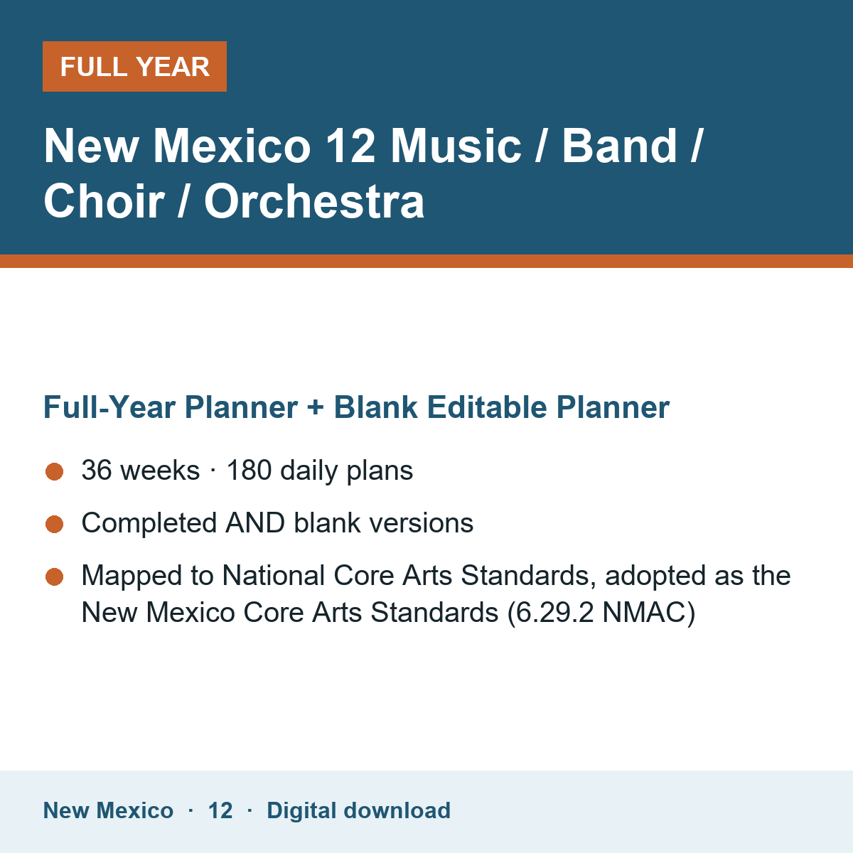 Cover of the New Mexico Grade 12 Music / Band / Choir / Orchestra full-year teacher planner