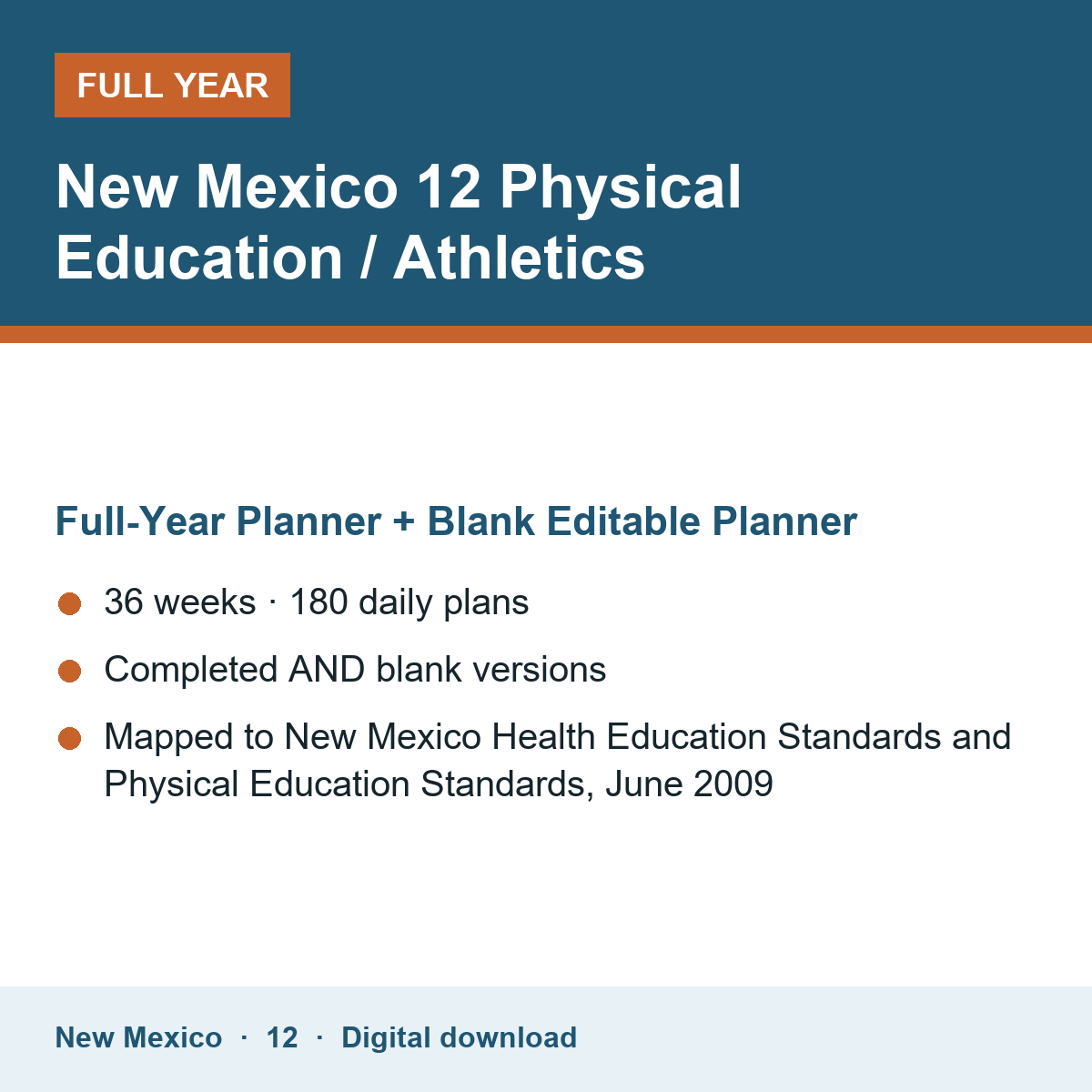 Cover of the New Mexico Grade 12 Physical Education / Athletics full-year teacher planner