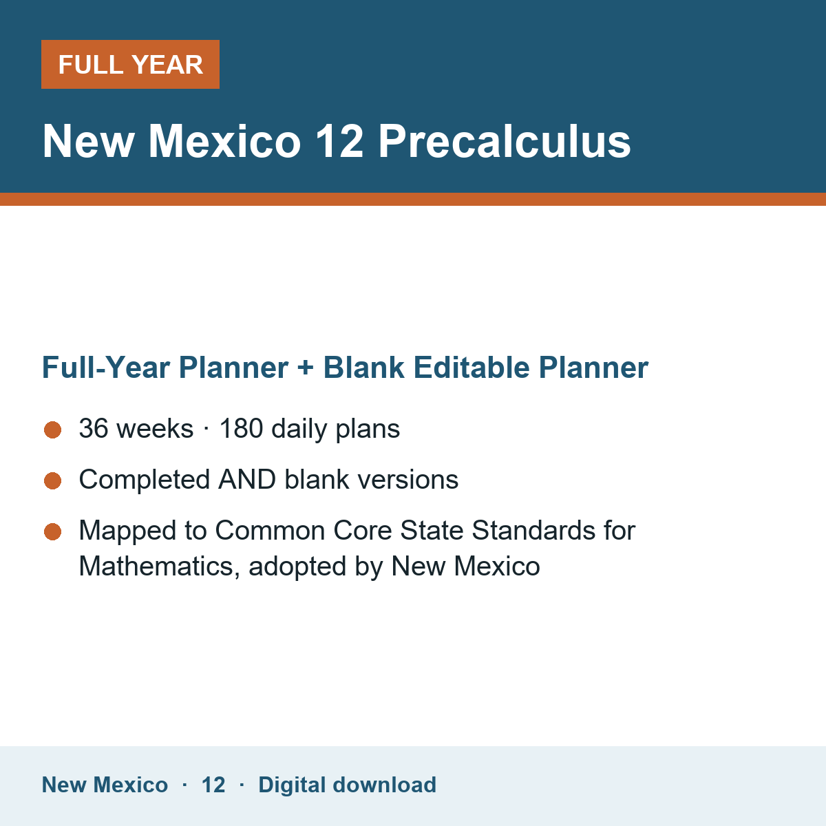 Cover of the New Mexico Grade 12 Precalculus full-year teacher planner