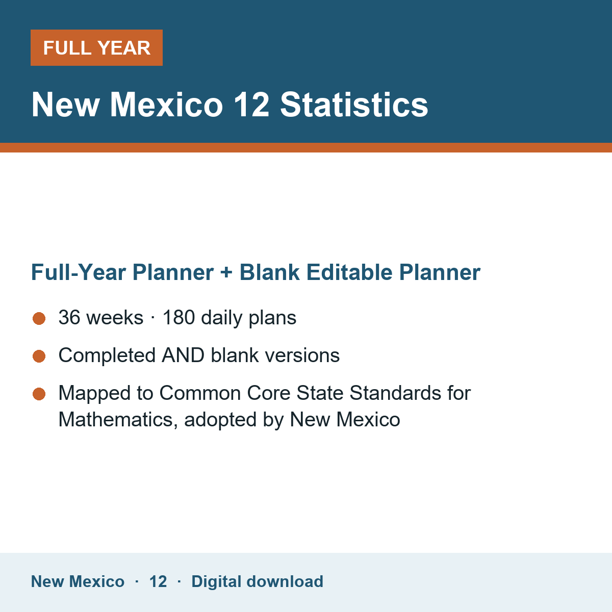 Cover of the New Mexico Grade 12 Statistics full-year teacher planner