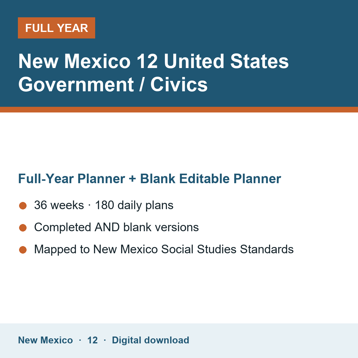 Cover of the New Mexico Grade 12 United States Government / Civics full-year teacher planner