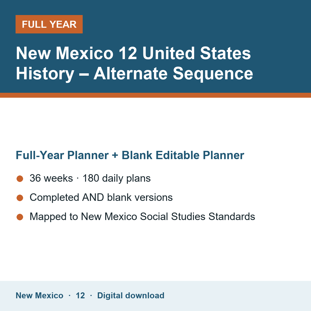 Cover of the New Mexico Grade 12 United States History – Alternate Sequence full-year teacher planner