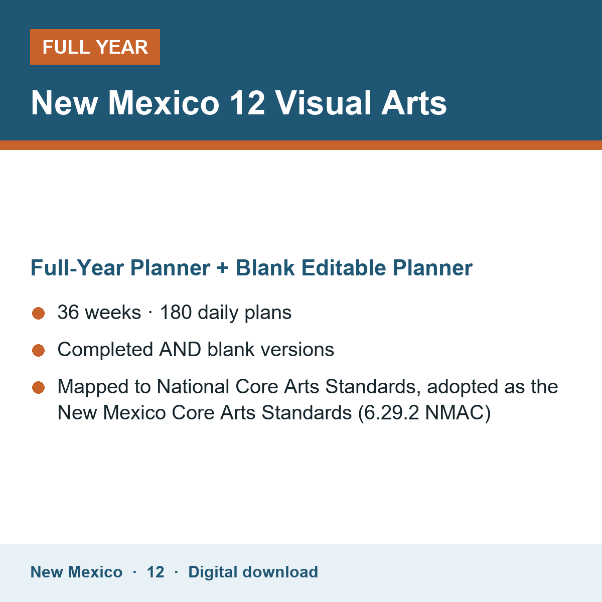 Cover of the New Mexico Grade 12 Visual Arts full-year teacher planner