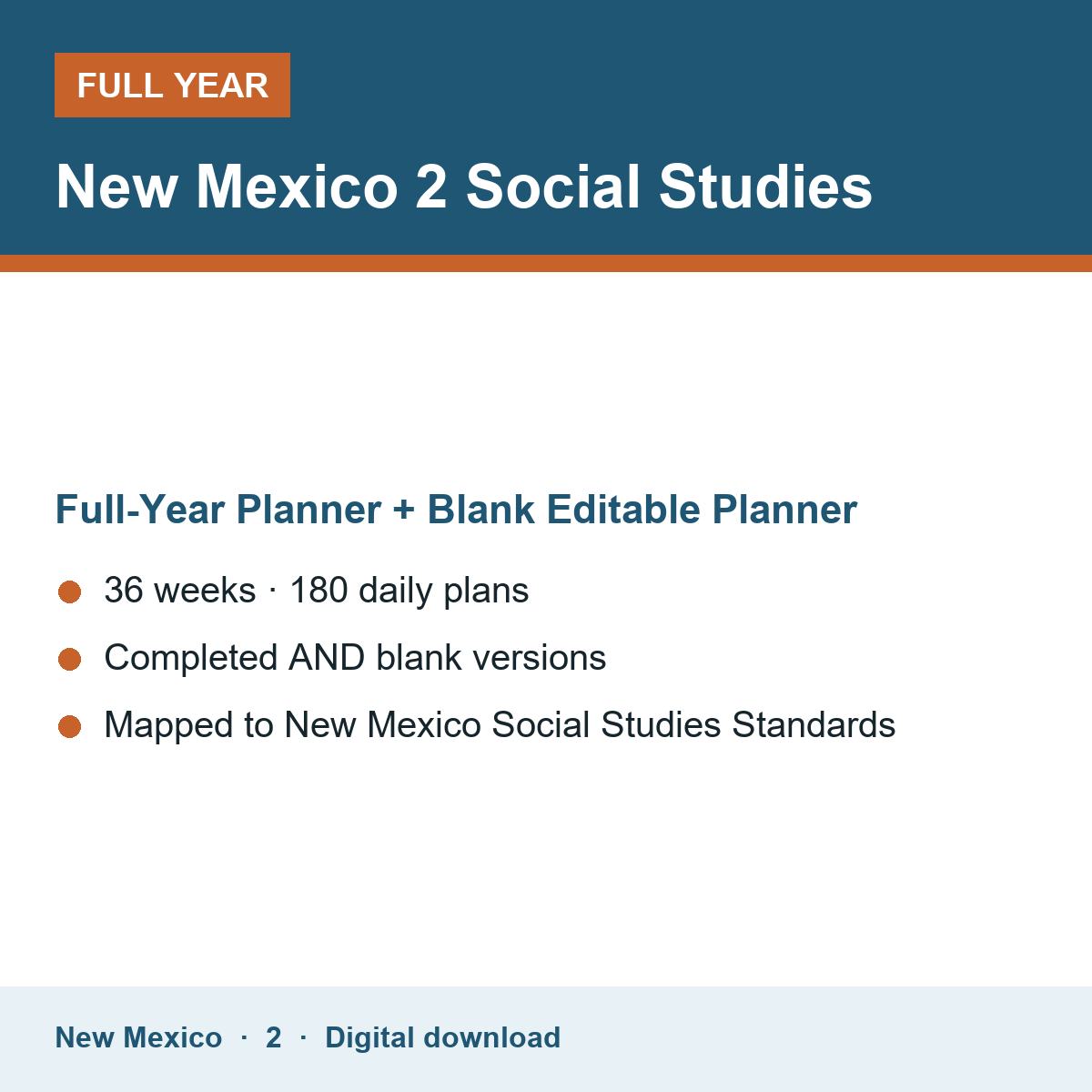 Cover of the New Mexico Grade 2 Social Studies full-year teacher planner
