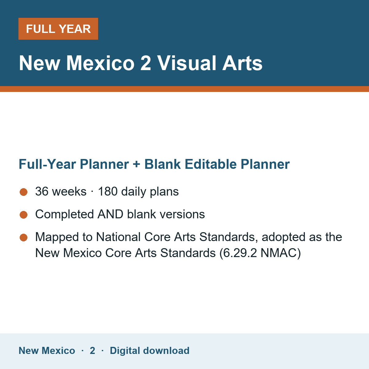 Cover of the New Mexico Grade 2 Visual Arts full-year teacher planner
