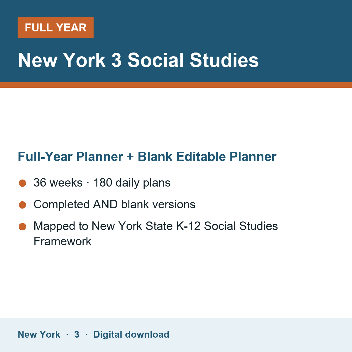 Cover of the New York Grade 3 Social Studies full-year teacher planner