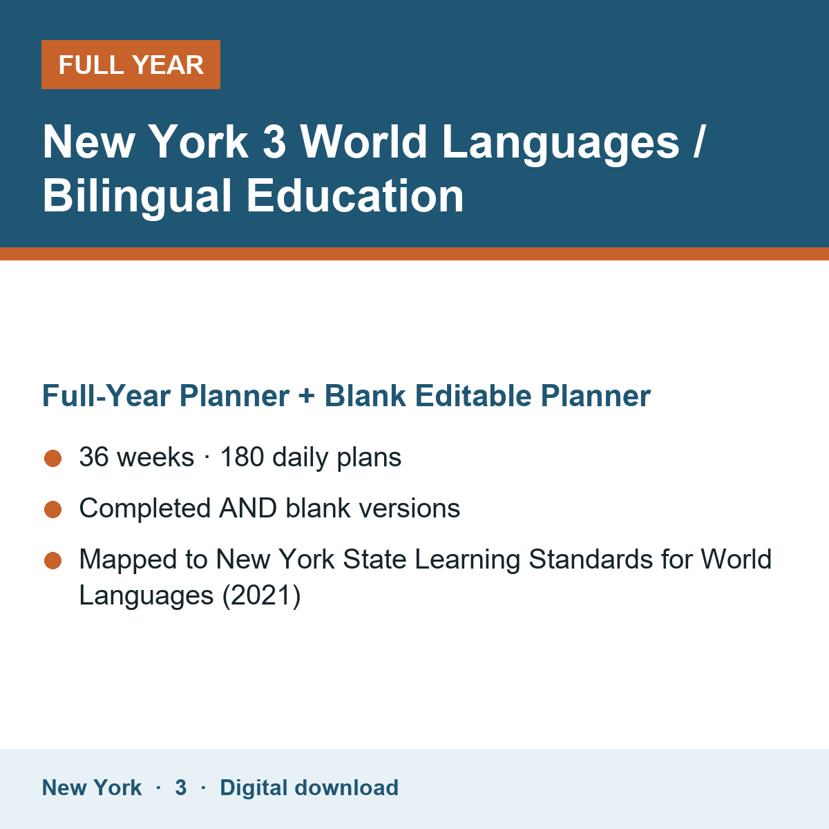 Cover of the New York Grade 3 World Languages / Bilingual Education full-year teacher planner