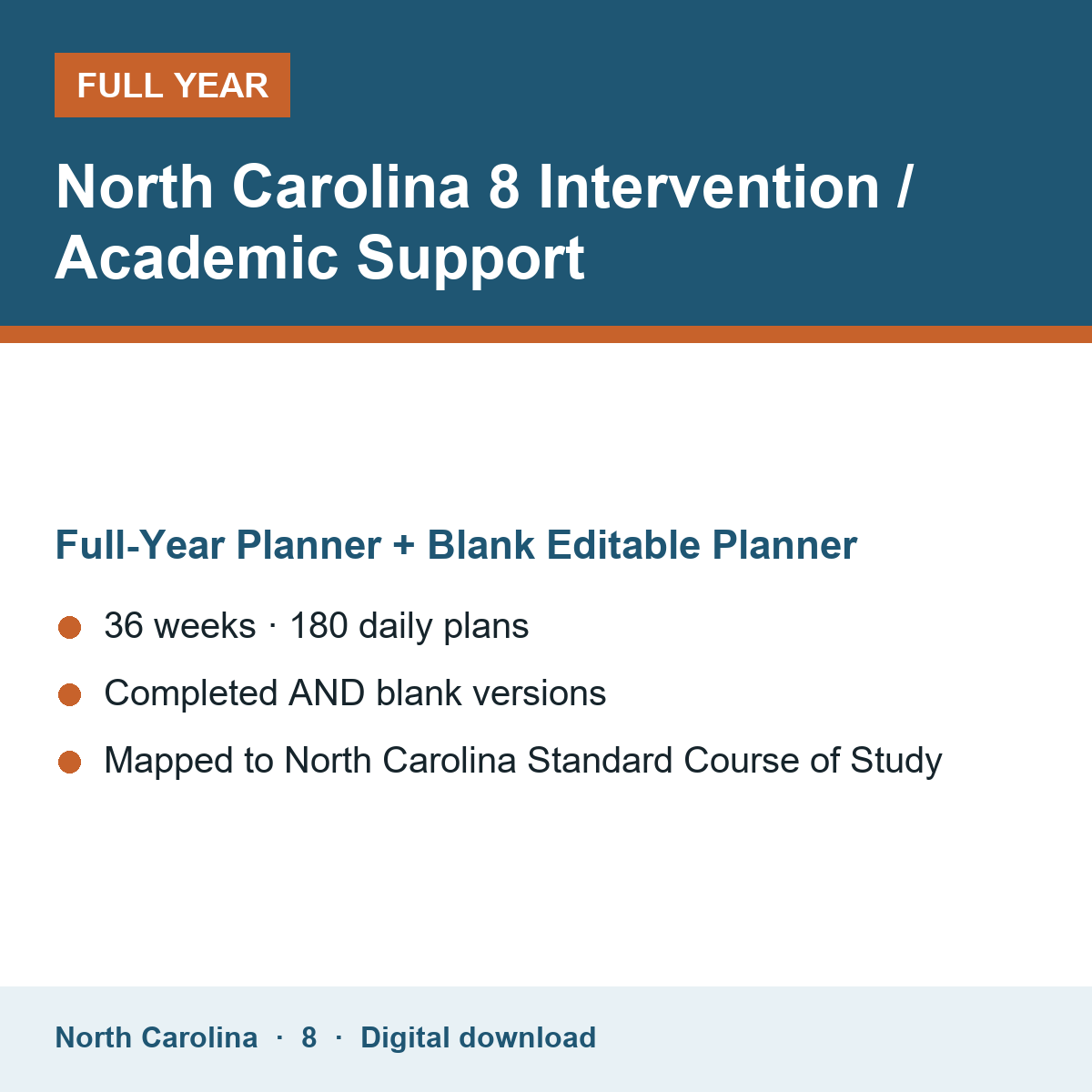 Cover of the North Carolina Grade 8 Intervention / Academic Support full-year teacher planner