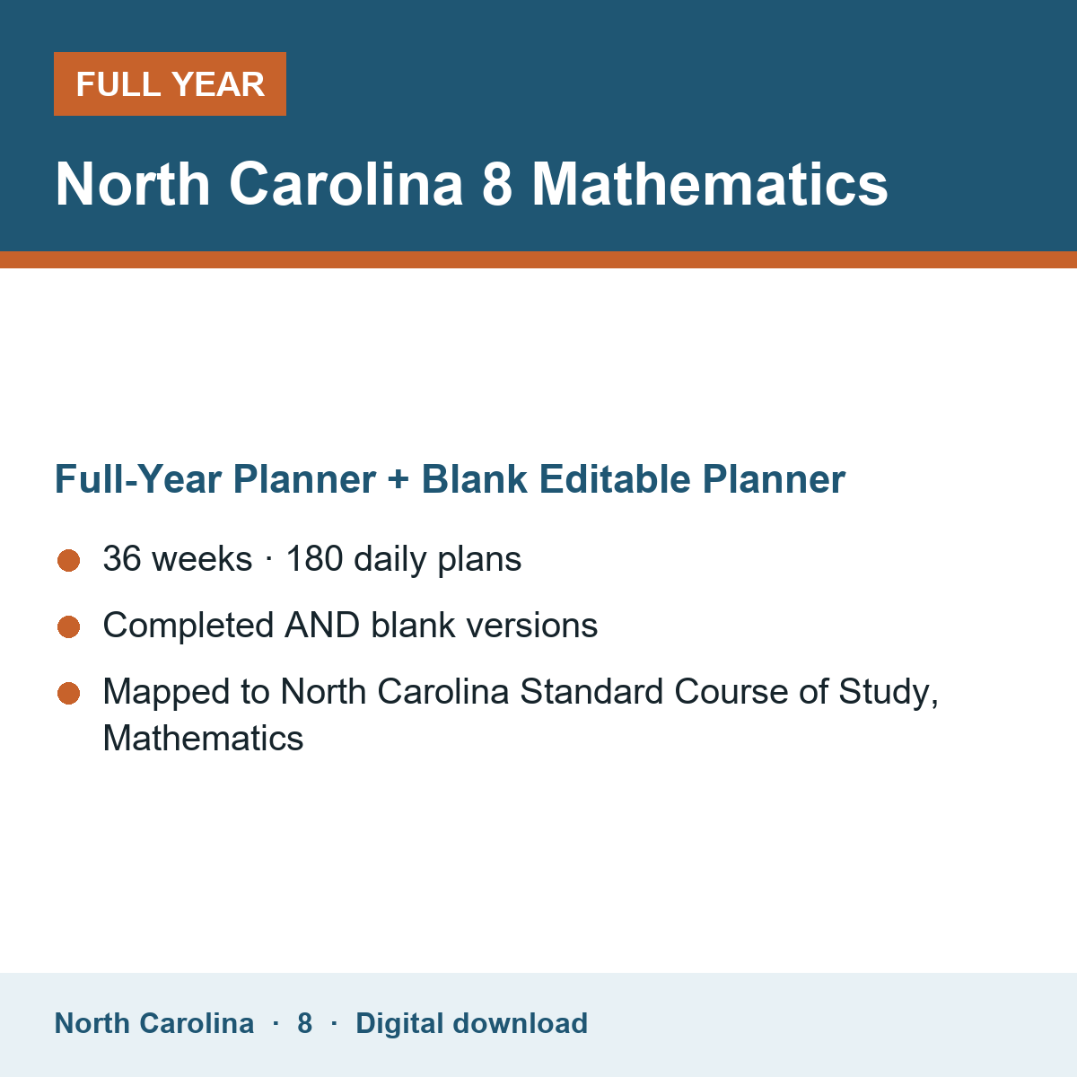 Cover of the North Carolina Grade 8 Mathematics full-year teacher planner