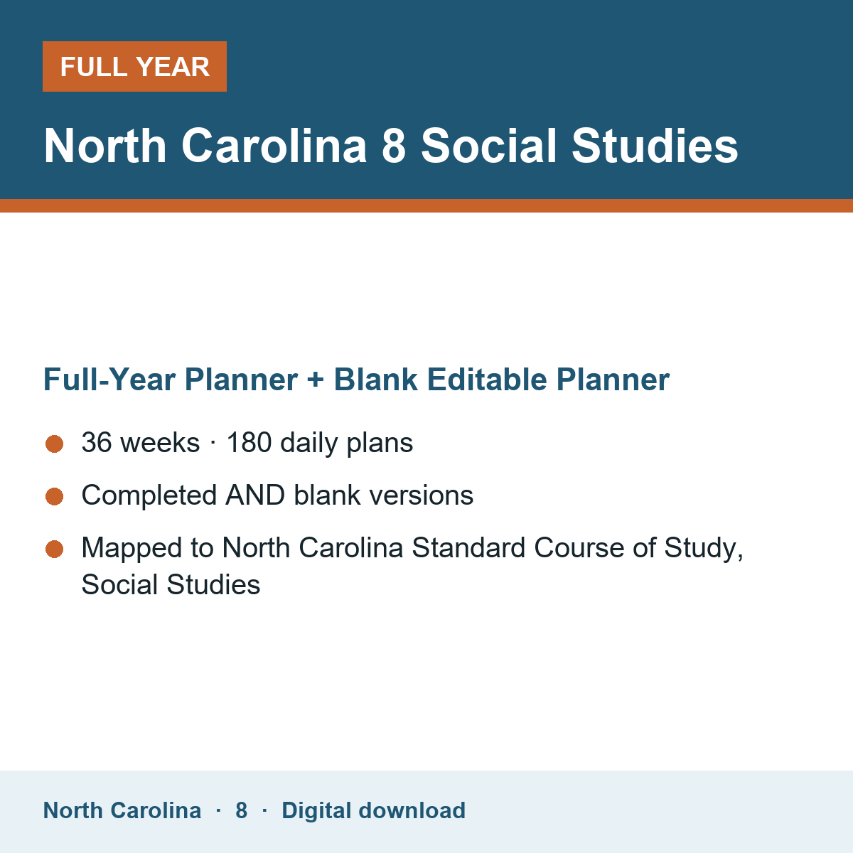 Cover of the North Carolina Grade 8 Social Studies full-year teacher planner