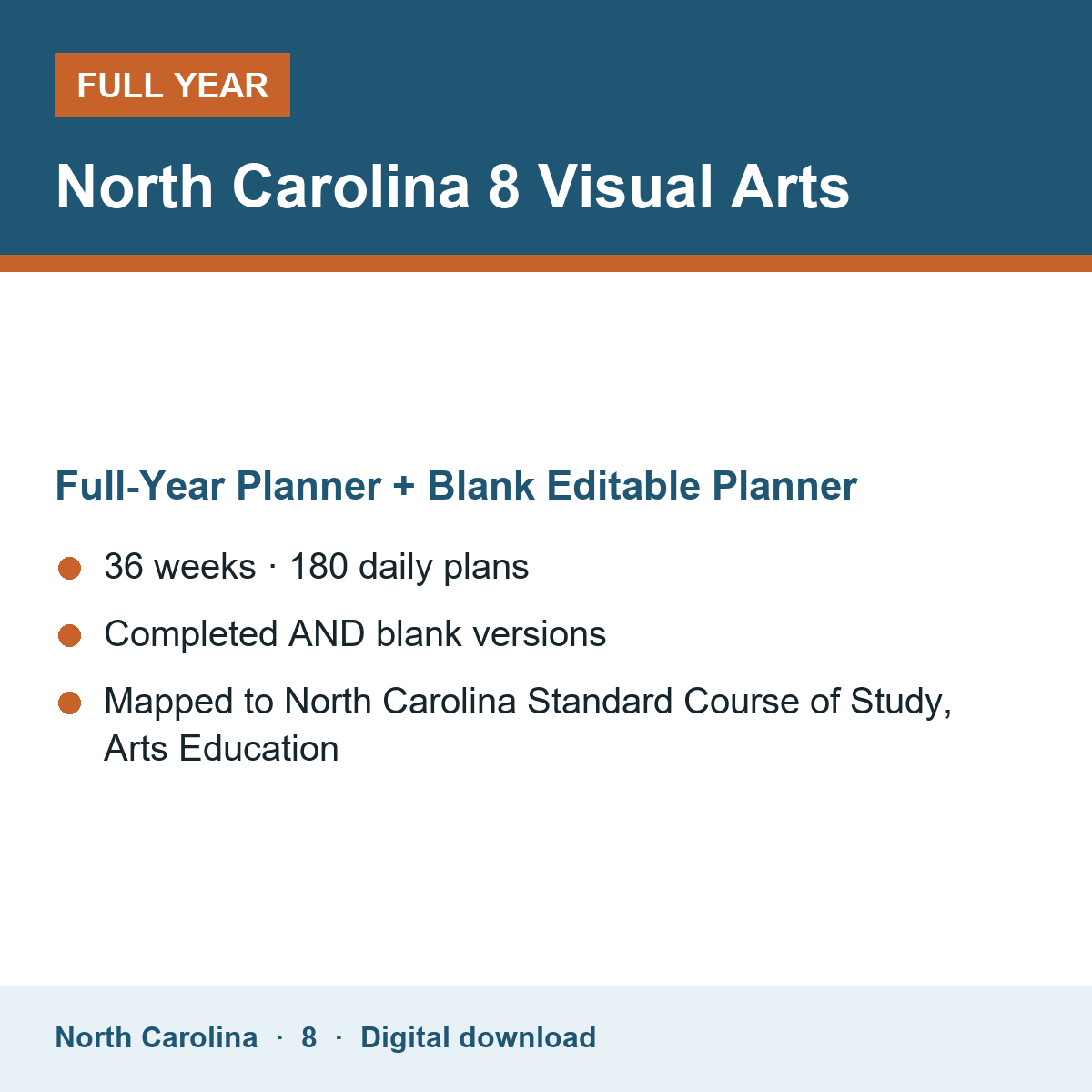 Cover of the North Carolina Grade 8 Visual Arts full-year teacher planner