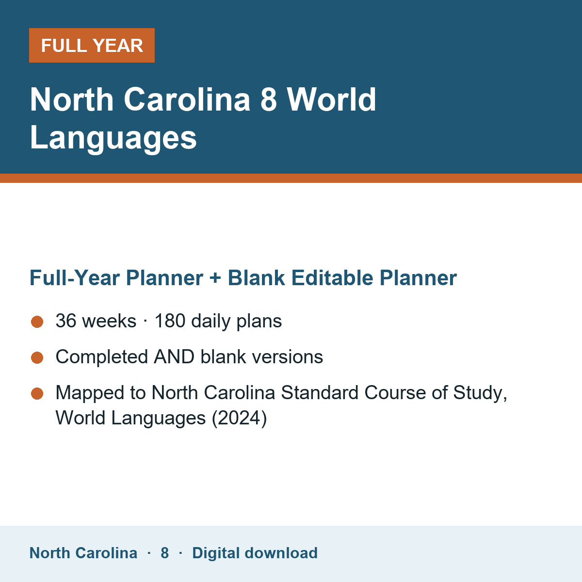 Cover of the North Carolina Grade 8 World Languages full-year teacher planner