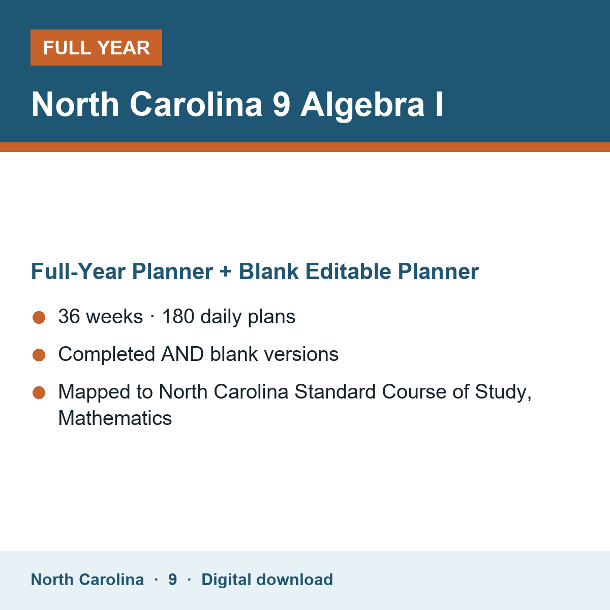 Cover of the North Carolina Grade 9 Algebra I full-year teacher planner
