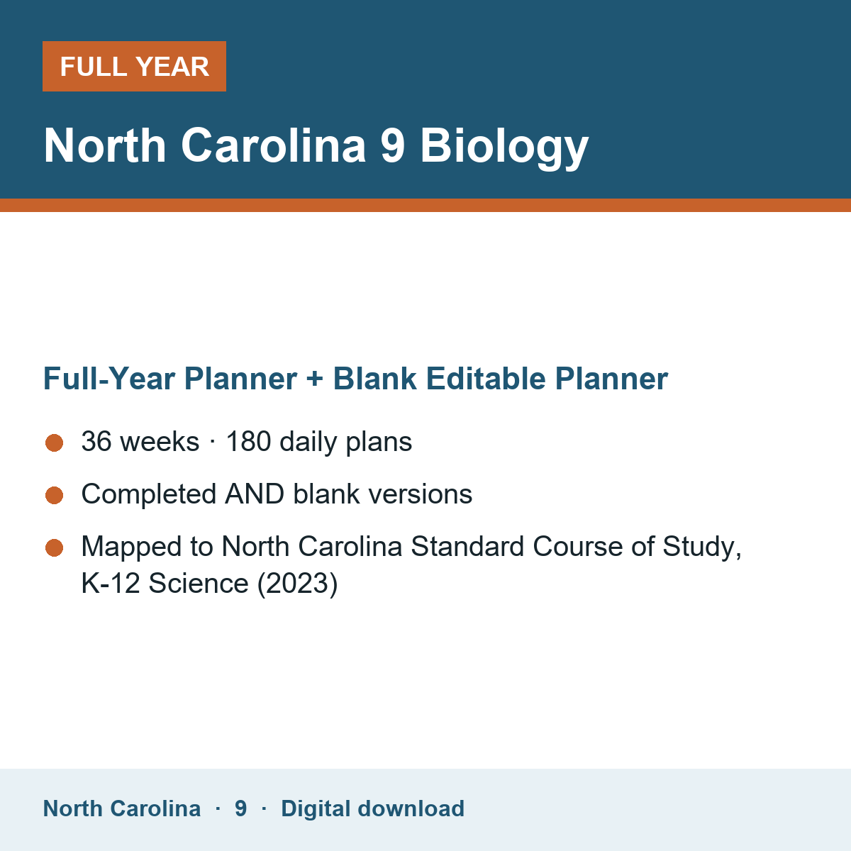 Cover of the North Carolina Grade 9 Biology full-year teacher planner